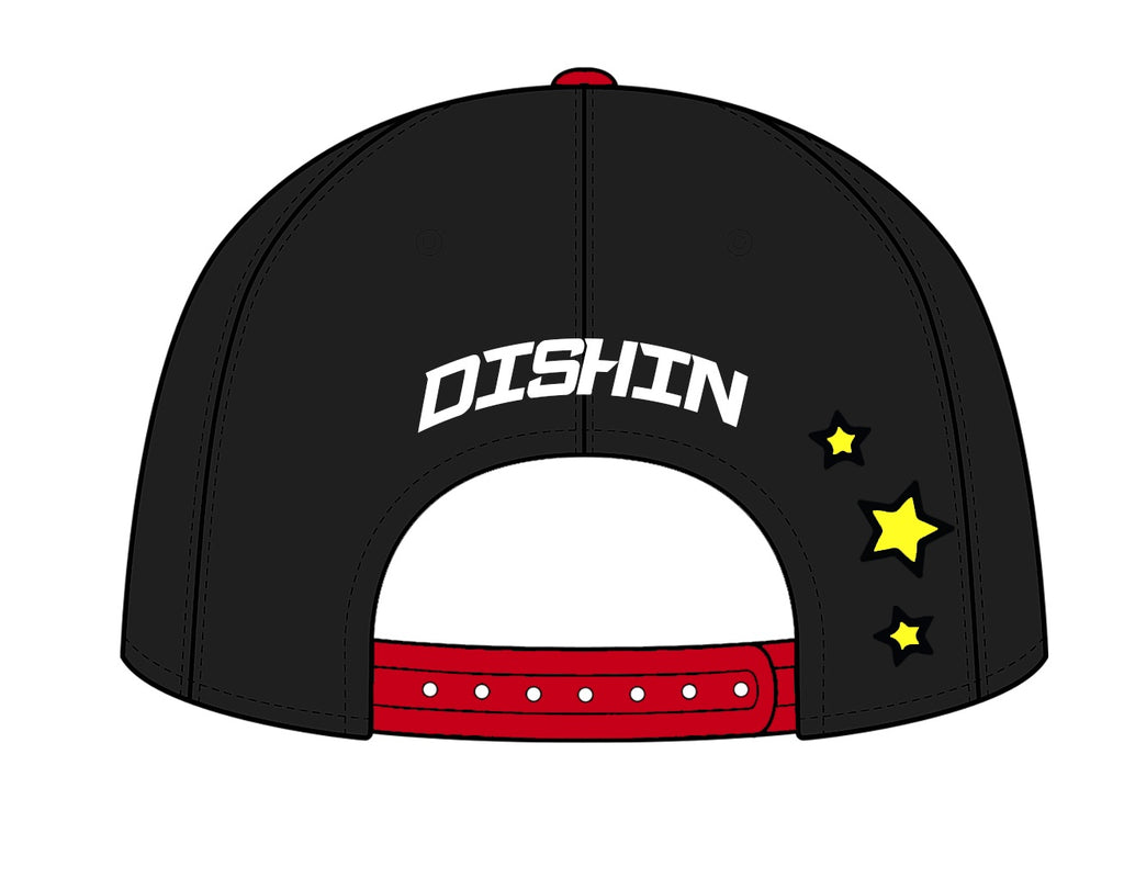 A black baseball cap shown from the back, featuring the word 'DISHIN' in white arched letters across the center, three yellow stars on the right side, and a red adjustable strap at the bottom.