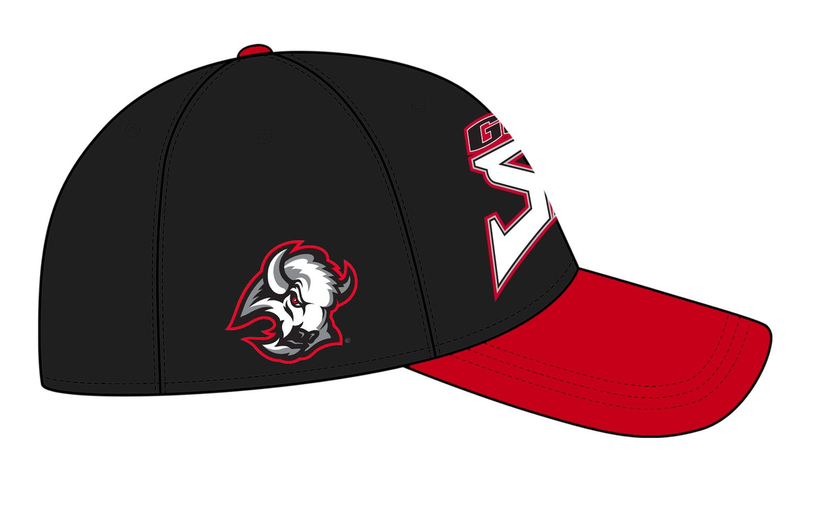 A black baseball cap with a red visor, featuring a red, white, and black buffalo mascot logo on the side and a large white and red letter 'W' on the front panel.