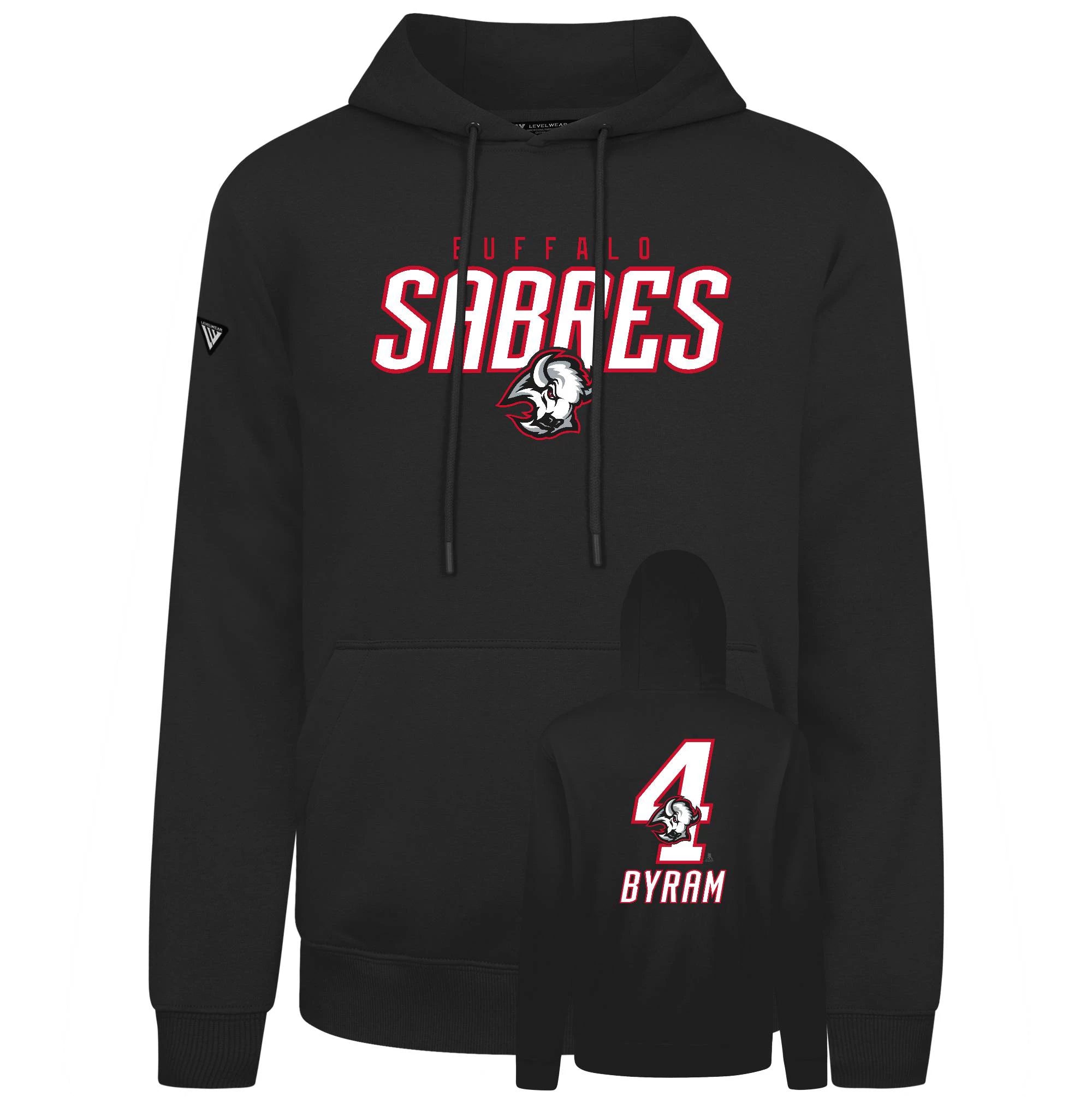 Black hoodie with 'Buffalo Sabres' logo and number '4 Byram' on a white background
