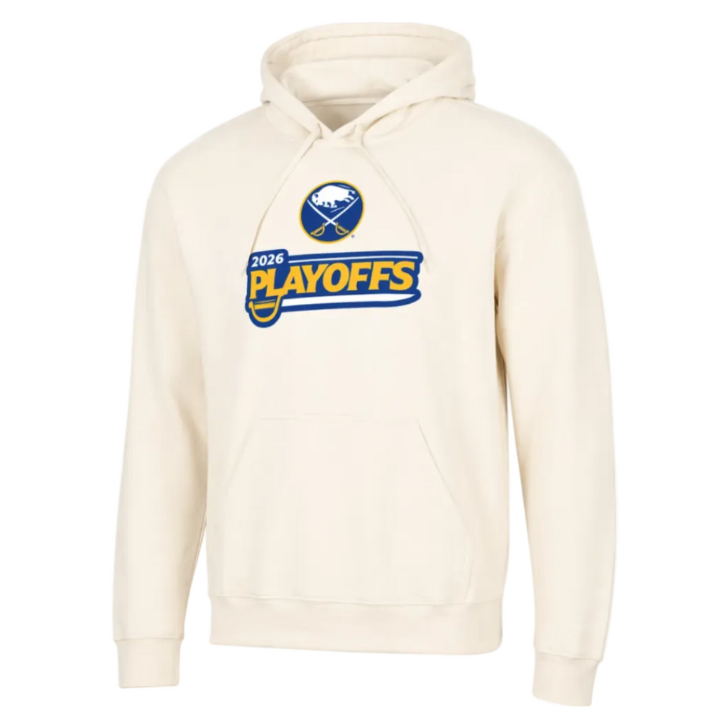 Cream-colored hoodie with '2026 Playoffs' text and logo on a white background