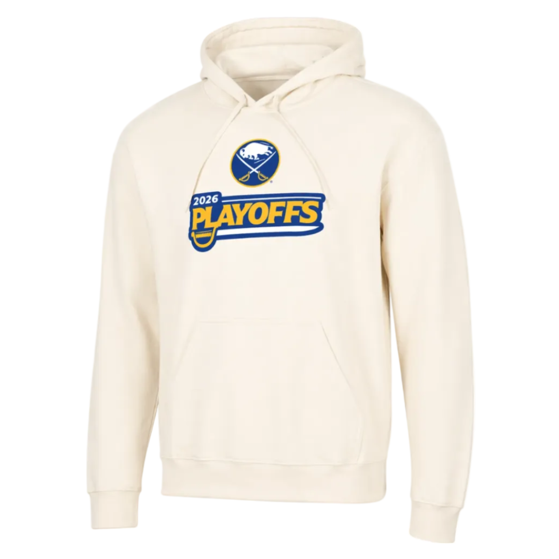 Cream-colored hoodie with '2026 Playoffs' text and logo on a white background