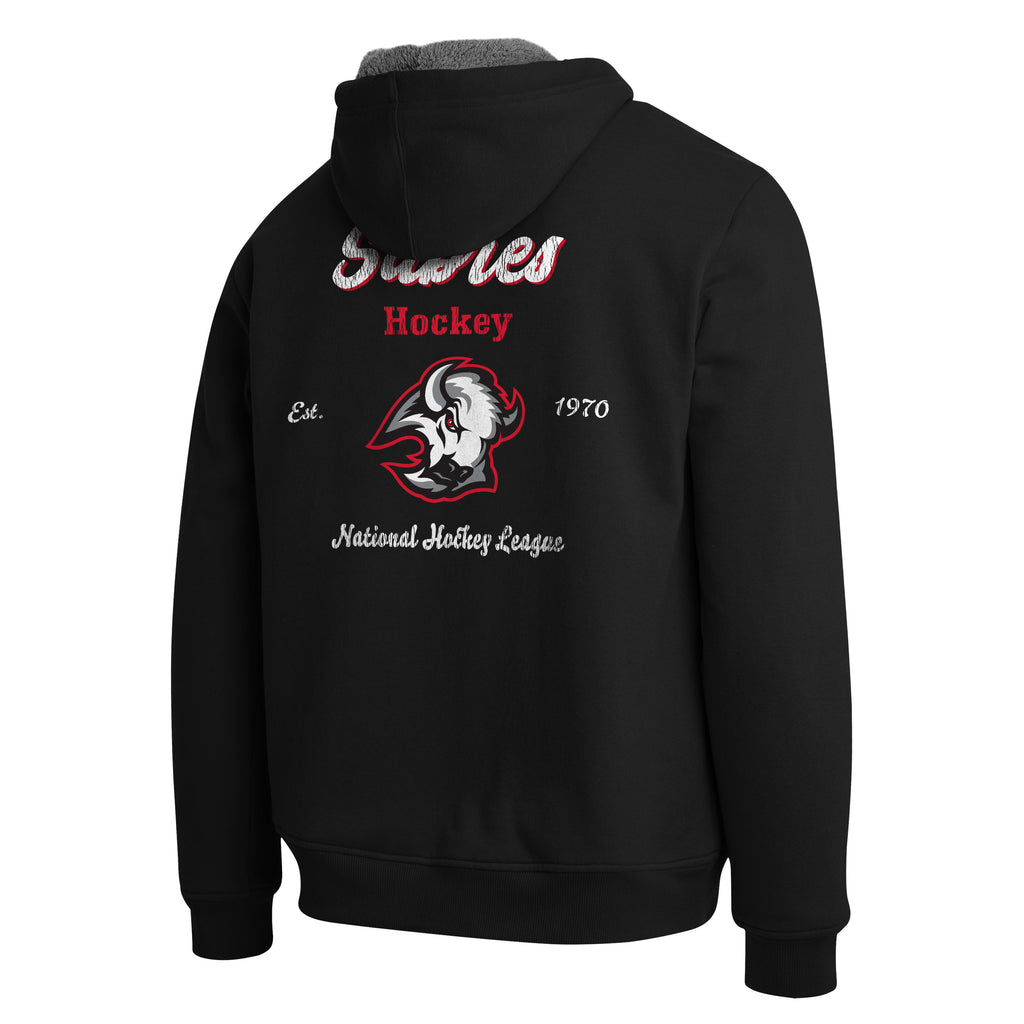 A black zip-up hoodie shown from the back, featuring a large graphic print with the text 'Stames Hockey', 'Est. 1970', 'National Hockey League', and a red, white, and black bird logo.