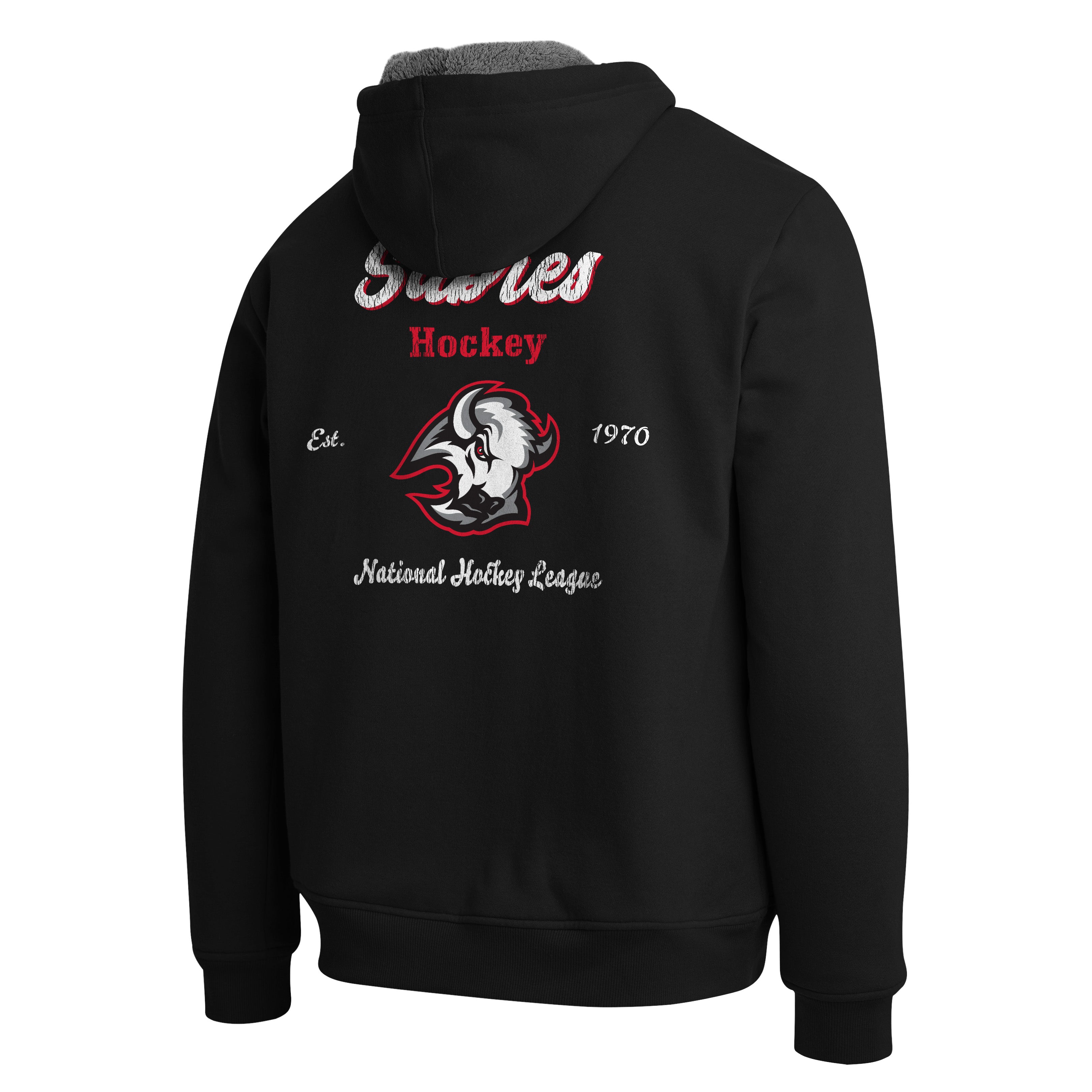 A black zip-up hoodie shown from the back, featuring a large graphic print with the text 'Stames Hockey', 'Est. 1970', 'National Hockey League', and a red, white, and black bird logo.