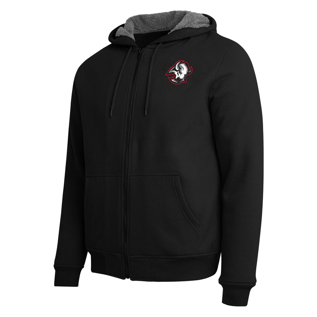 A black full-zip hoodie with a gray hood lining and a Florida State University logo on the left chest, displayed on a clean white background.