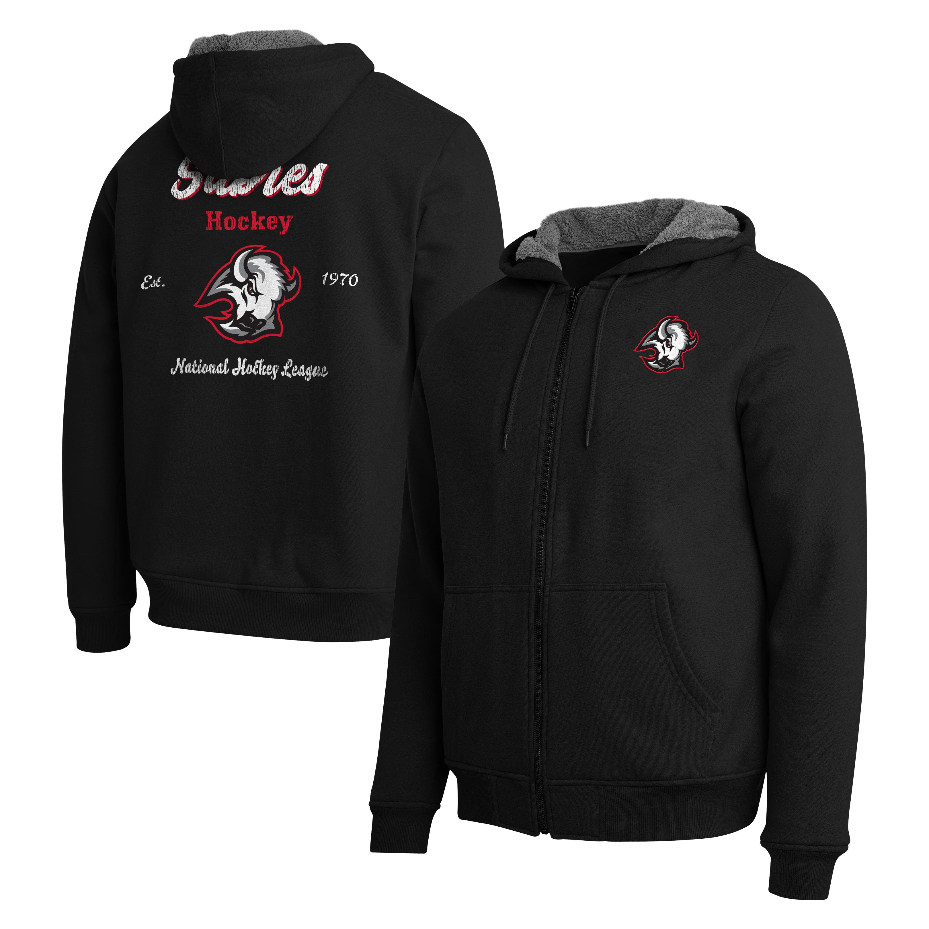 Black full-zip hoodie shown from front and back on a white background. The front has a gray hood lining and a Florida State Seminoles logo on the left chest.