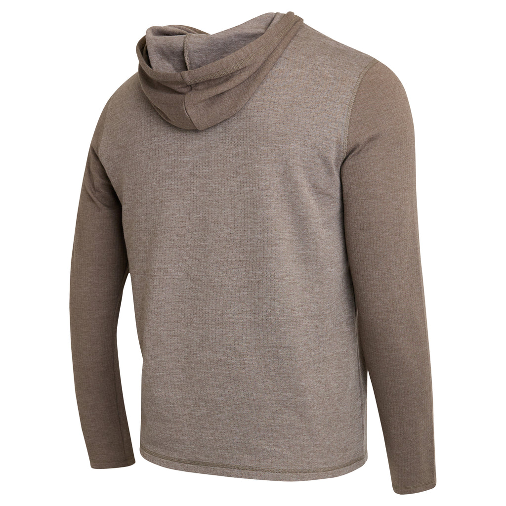 A men's long-sleeve hooded shirt in a heathered taupe-brown color, shown from the back on a white background.