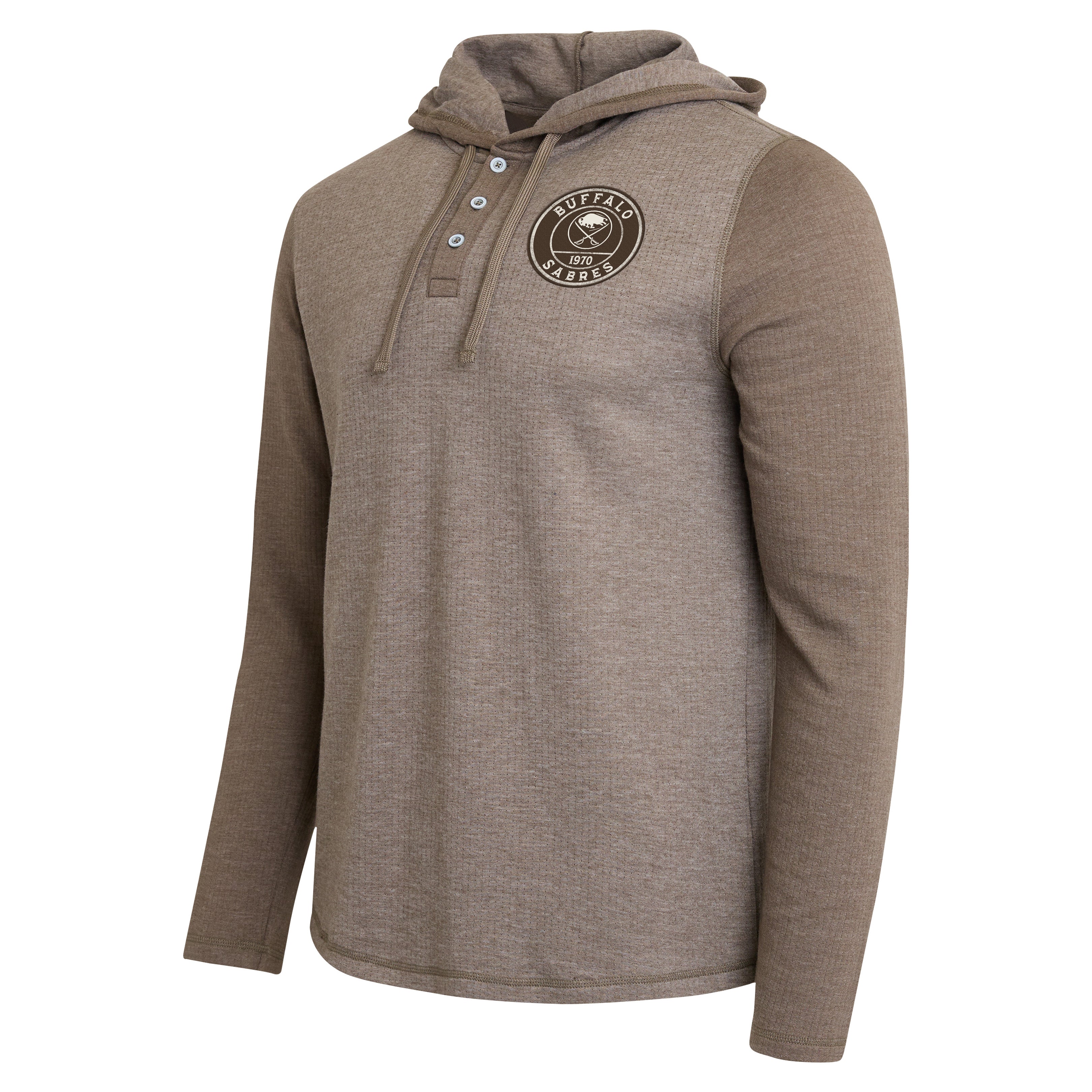 A men's long-sleeve pullover hoodie in heathered taupe brown, featuring a buttoned henley-style collar and a circular 'New Orleans Saints' logo patch on the left chest. The sleeves and hood are solid taupe, while the body is heathered taupe with a subtle textured knit pattern.