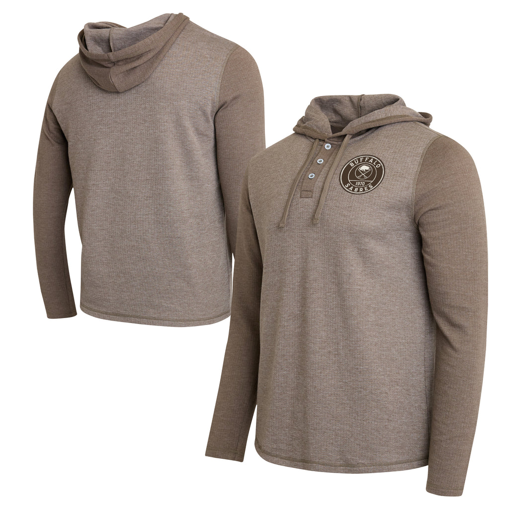 A men's long-sleeve hoodie shown from both front and back angles on a plain white background. The hoodie features a heather taupe-brown body with solid taupe-brown sleeves and hood, a partial button placket on the front, and a circular embroidered 'BOSTON CELTS' logo on the left chest.