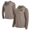 A men's long-sleeve hoodie shown from both front and back angles on a plain white background. The hoodie features a heather taupe-brown body with solid taupe-brown sleeves and hood, a partial button placket on the front, and a circular embroidered 'BOSTON CELTS' logo on the left chest.