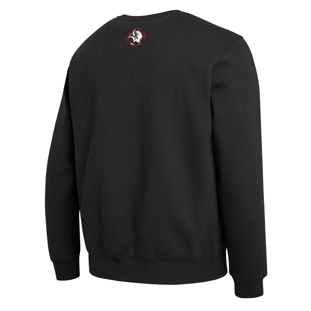 A black crewneck sweatshirt shown from the back, featuring a small Buffalo Sabres logo embroidered in red, white, and blue near the upper center back.