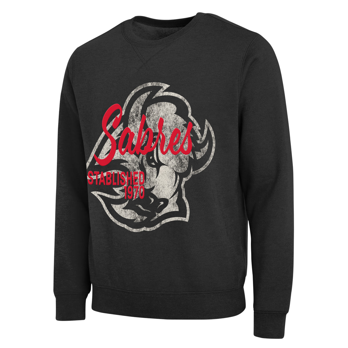 A black crewneck sweatshirt featuring a distressed graphic of a bison head with the word 'Sabres' in red script and 'ESTABLISHED 1970' in red block text on the front.