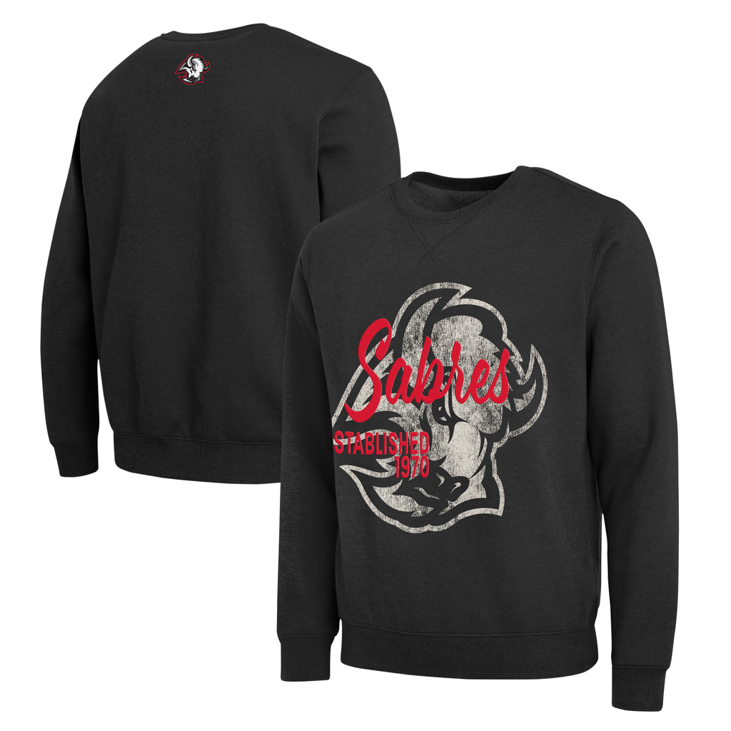 A black crewneck sweatshirt shown from both front and back. The front features a large distressed graphic of a helmeted head with 'Sabres' written in red script and 'ESTD 1970' below.