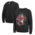 A black crewneck sweatshirt shown from both front and back. The front features a large distressed graphic of a helmeted head with 'Sabres' written in red script and 'ESTD 1970' below.