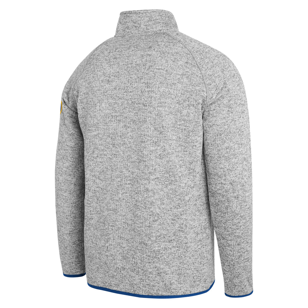 A heather gray long-sleeve quarter-zip pullover jacket shown from the back, featuring a mock neck and a thin blue trim along the hem and cuffs.