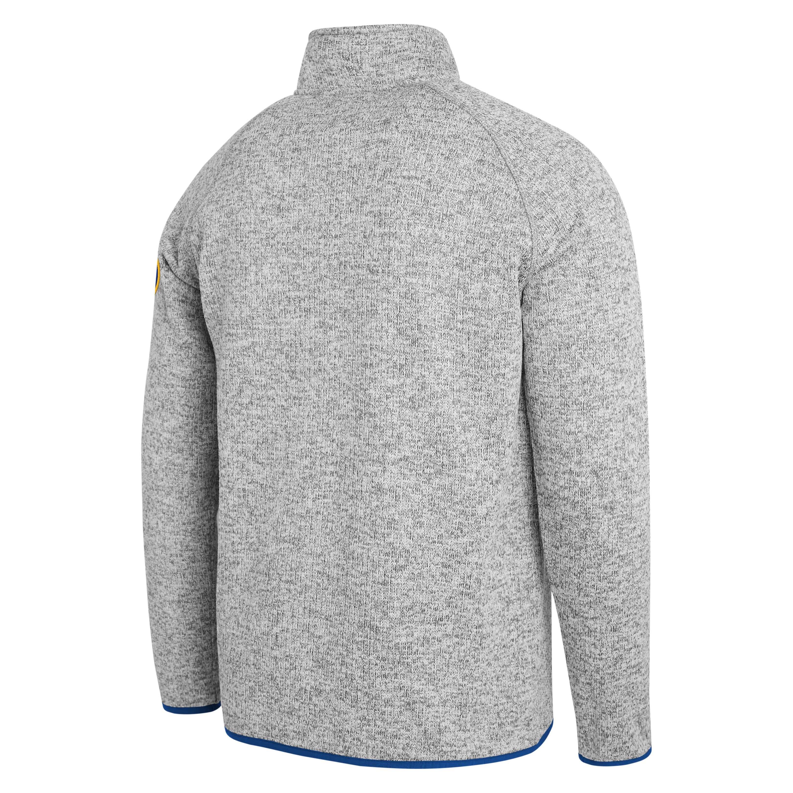 A heather gray long-sleeve quarter-zip pullover jacket shown from the back, featuring a mock neck and a thin blue trim along the hem and cuffs.