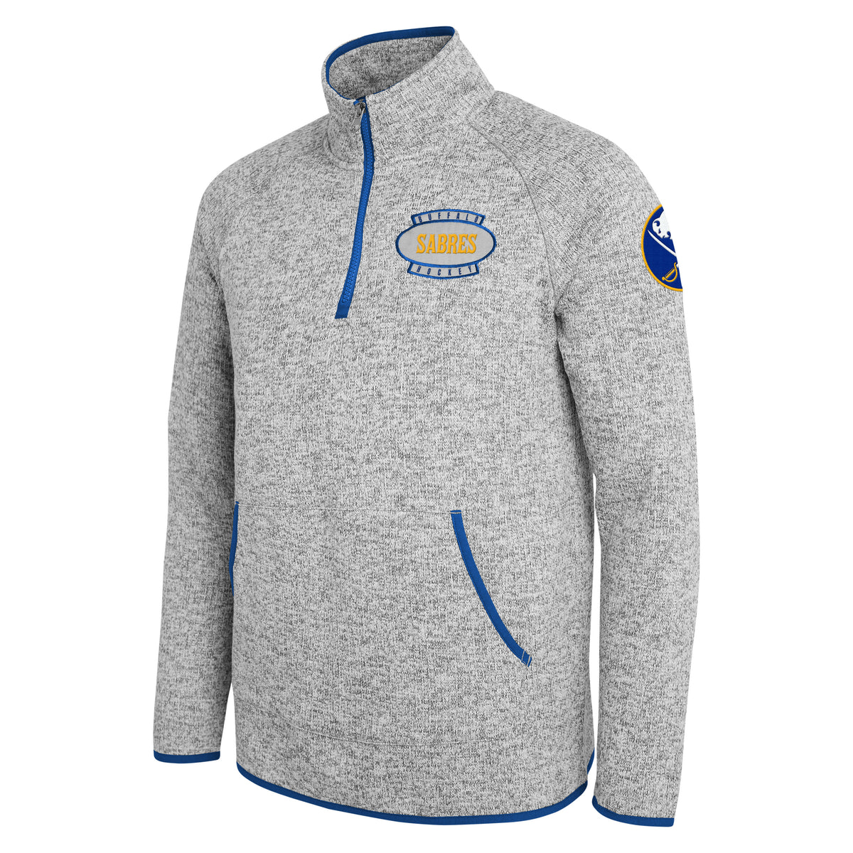 A heather gray quarter-zip pullover jacket with blue trim, featuring a 'Sabres' logo on the left chest and a Buffalo Sabres patch on the right sleeve, shown on a plain white background.