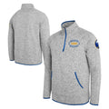A heather gray quarter-zip pullover jacket shown from both front and back angles. The jacket features blue piping along the collar, zipper, pockets, and hem, with a 'Golden Cares' logo on the front chest and a Buffalo Sabins patch on the sleeve.