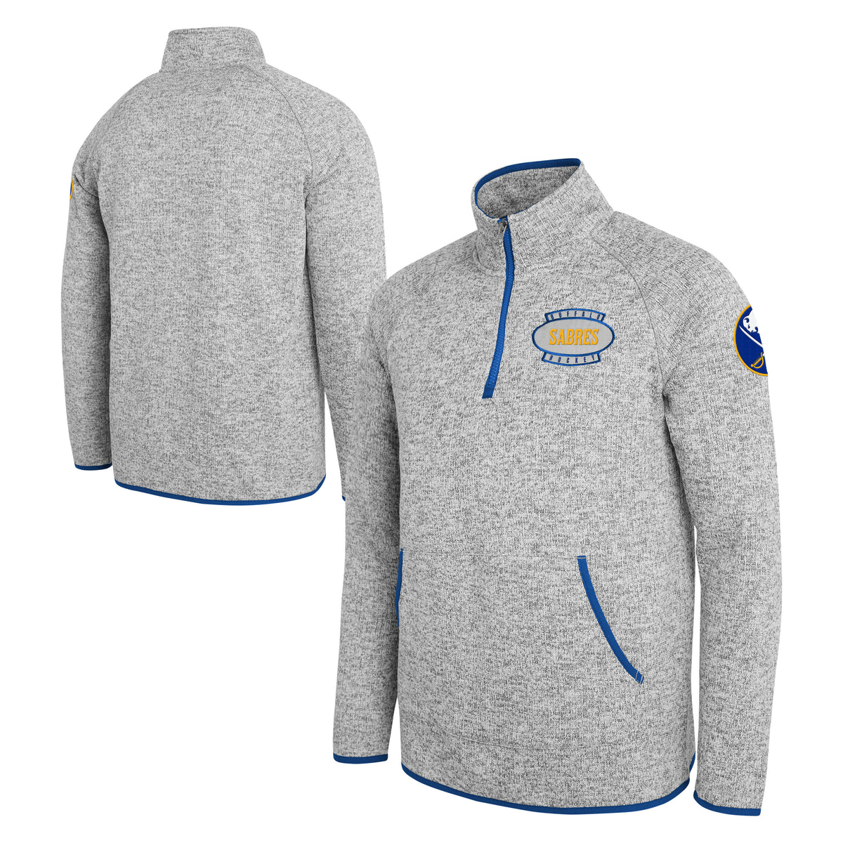 A heather gray quarter-zip pullover jacket shown from both front and back angles. The jacket features blue piping along the collar, zipper, pockets, and hem, with a 'Golden Cares' logo on the front chest and a Buffalo Sabins patch on the sleeve.
