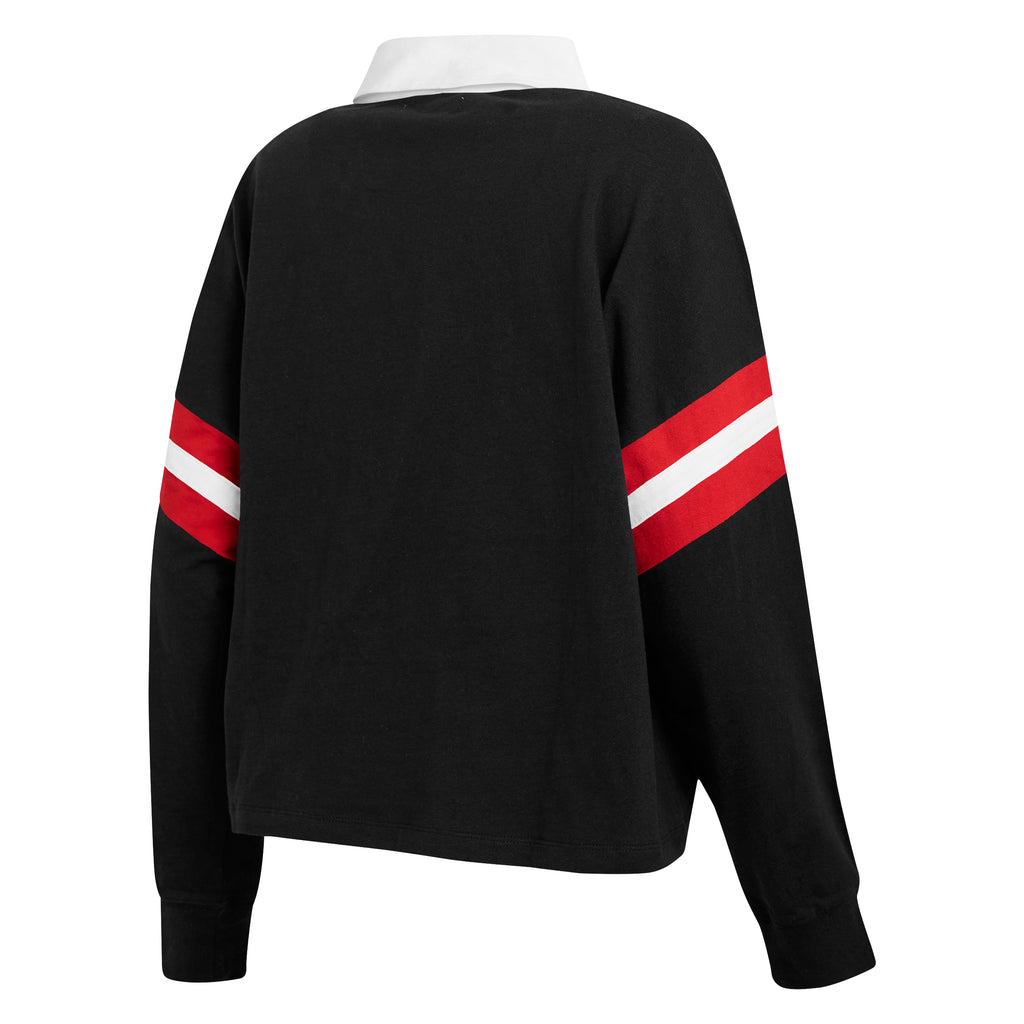 Black long-sleeve cropped sweater with a white collar and red and white diagonal stripes on the sleeves, shown from the back on a white background.