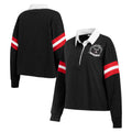 Black long-sleeve rugby-style polo shirt shown from front and back on a white background. Features a white collar, red and white sleeve stripes, and a white crest patch on the left chest.