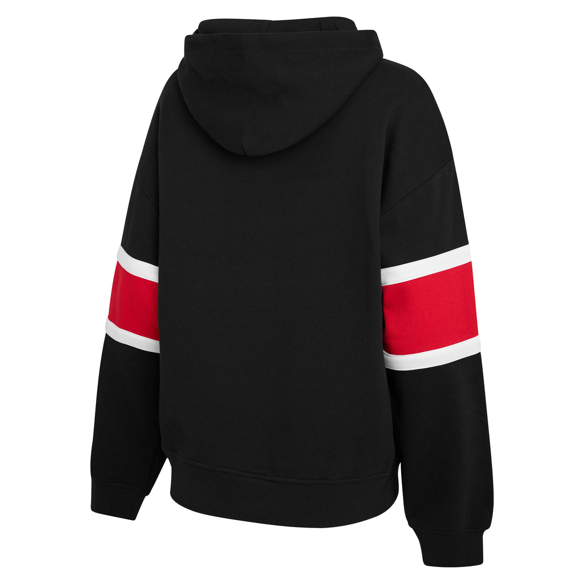 Black pullover hoodie shown from the back, featuring bold red and white athletic stripes on both upper sleeves, set against a plain white background.