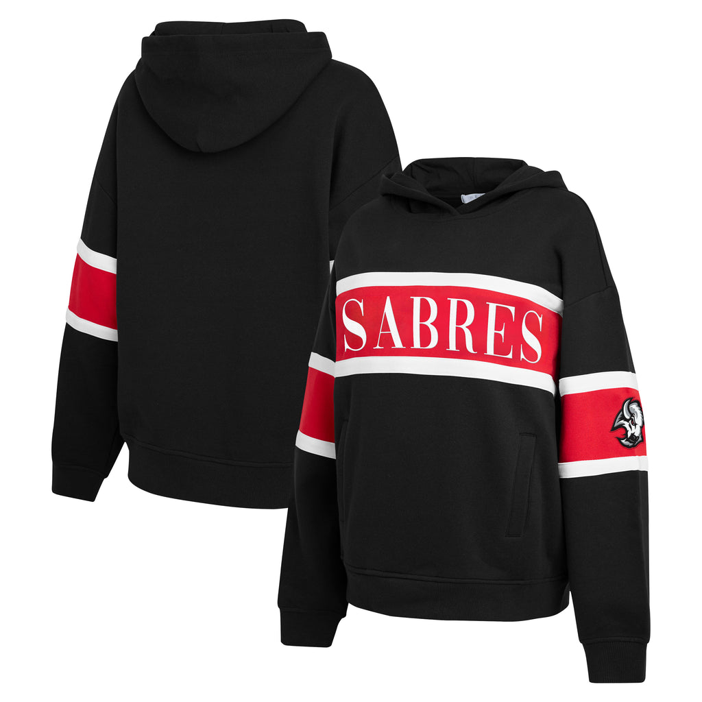 Black pullover hoodie shown from front and back views, featuring a bold red chest stripe with white trim and the word 'SABRES' in white, plus red and white sleeve stripes and a small mascot patch.