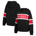 Black pullover hoodie shown from front and back views, featuring a bold red chest stripe with white trim and the word 'SABRES' in white, plus red and white sleeve stripes and a small mascot patch.