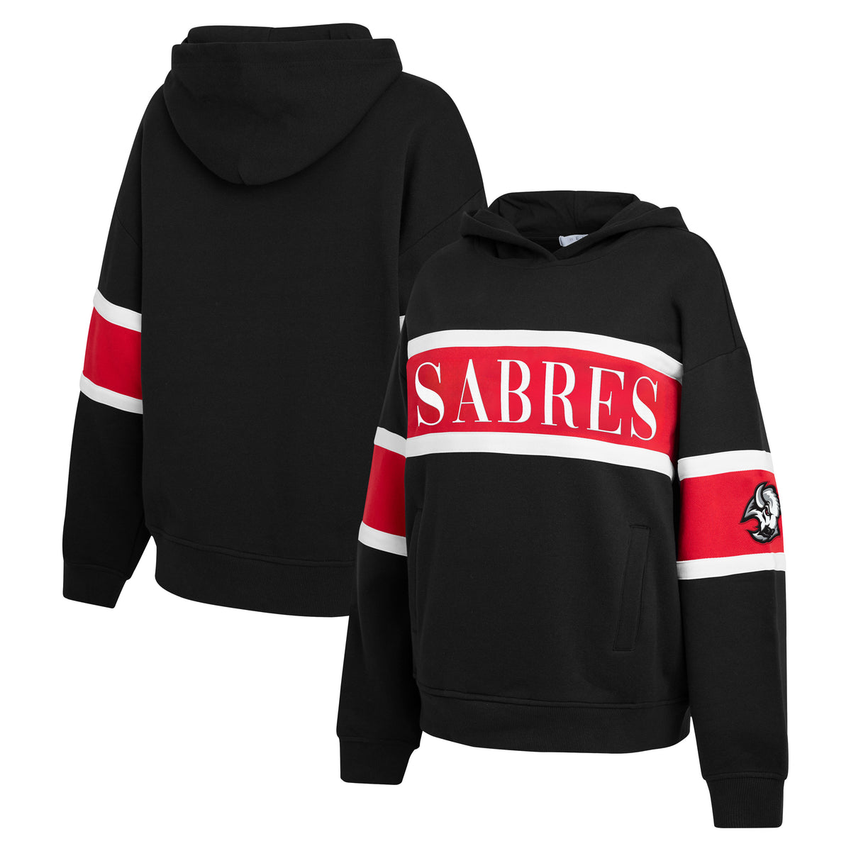 Black pullover hoodie shown from front and back views, featuring a bold red chest stripe with white trim and the word 'SABRES' in white, plus red and white sleeve stripes and a small mascot patch.
