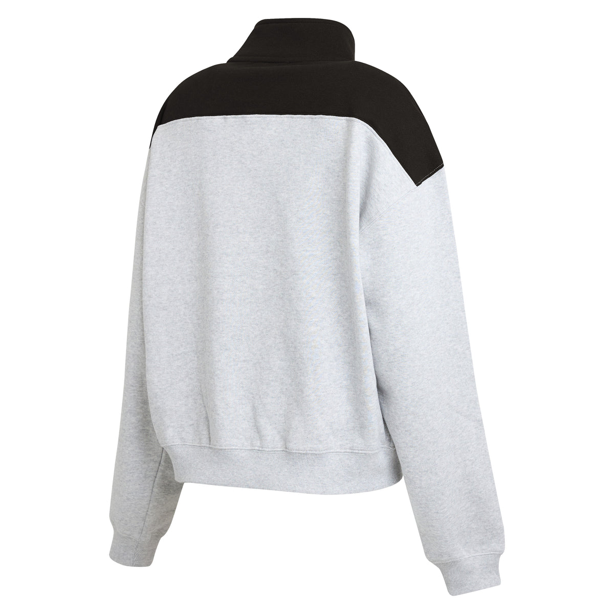 A light heather gray sweatshirt with a contrasting black yoke panel across the upper back and shoulders, shown from the rear on a white background.