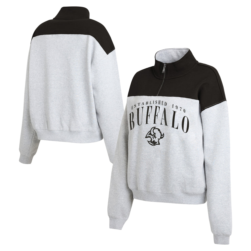 A women's colorblock quarter-zip sweatshirt shown from both front and back views. The sweatshirt features a light heather gray body with black colorblock panels on the shoulders and collar, and a black graphic print on the front reading 'ESTABLISHED 1970 BUFFALO' with a buffalo head logo.
