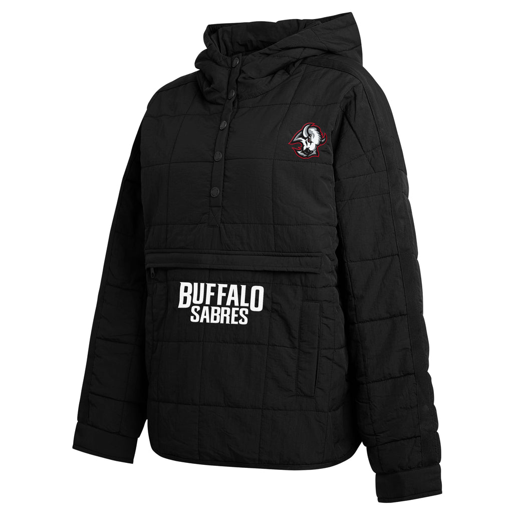 A black quilted hooded puffer jacket with a front pocket, featuring 'BUFFALO SABRES' printed in white on the pocket and a Buffalo Sabres logo on the left chest, shown on a plain white background.
