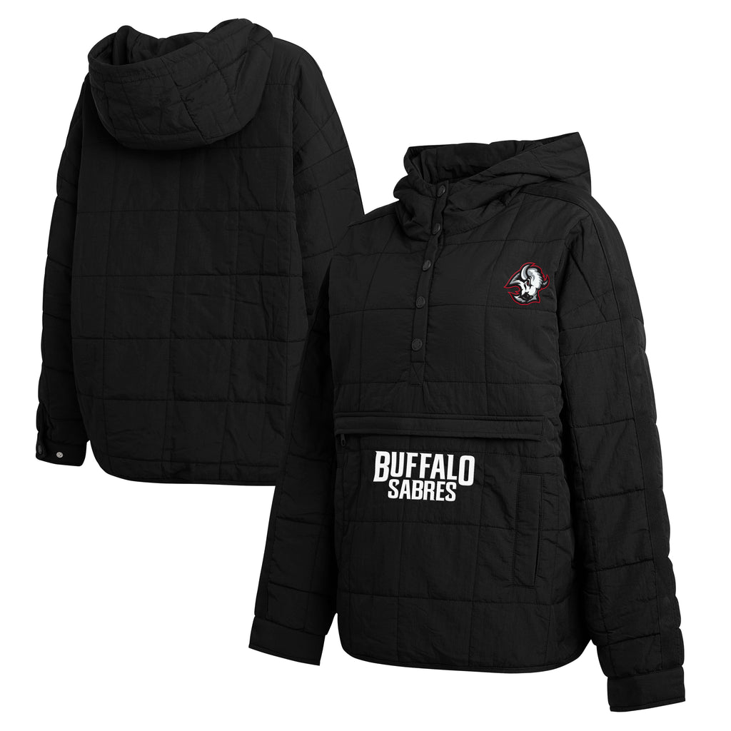 Black quilted hooded jacket shown from the front and back, featuring a Buffalo Sabres logo on the chest and 'BUFFALO SABRES' text across the front pocket area, on a white background.