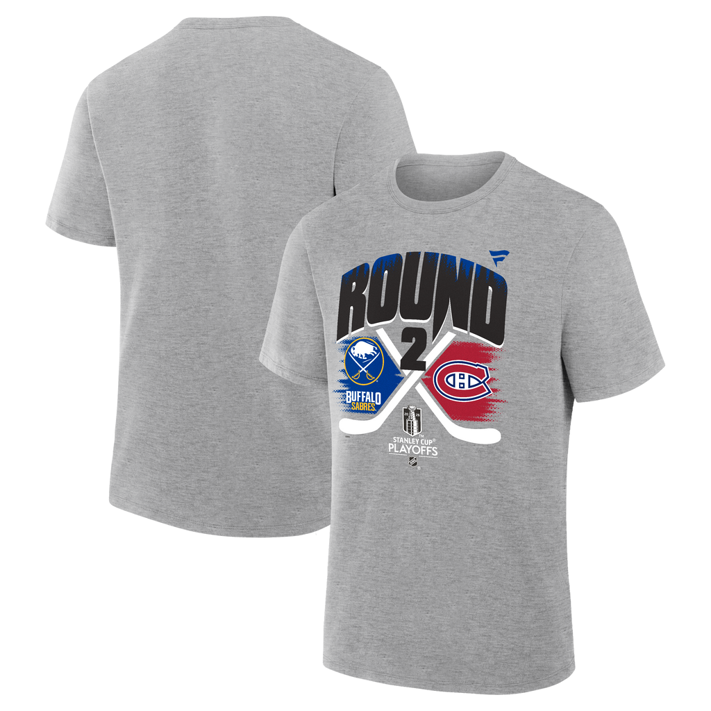 Gray t-shirt with sports team logos and 'Round 2' text on a white background