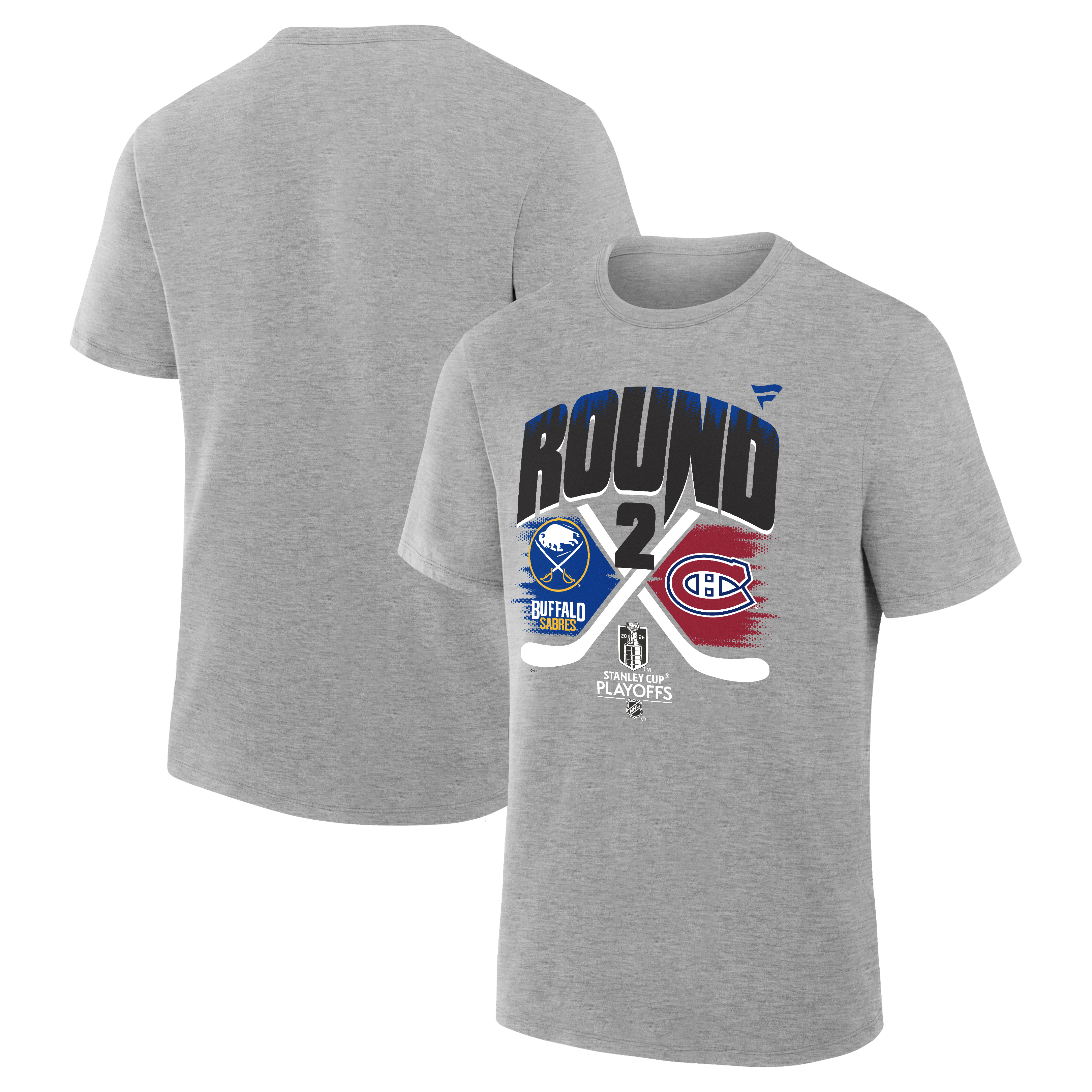 Gray t-shirt with sports team logos and 'Round 2' text on a white background