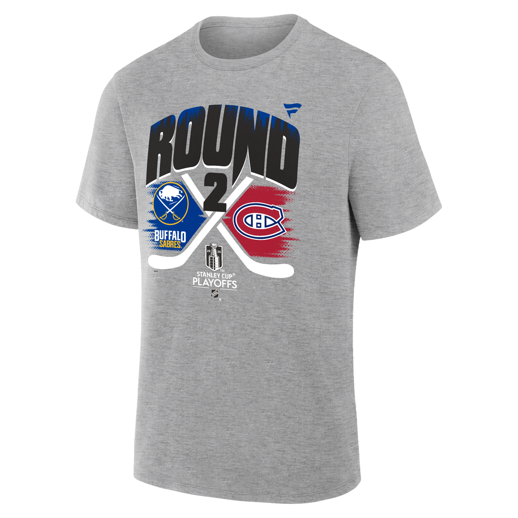 Gray t-shirt with sports team logos and text on a white background