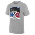 Gray t-shirt with sports team logos and text on a white background