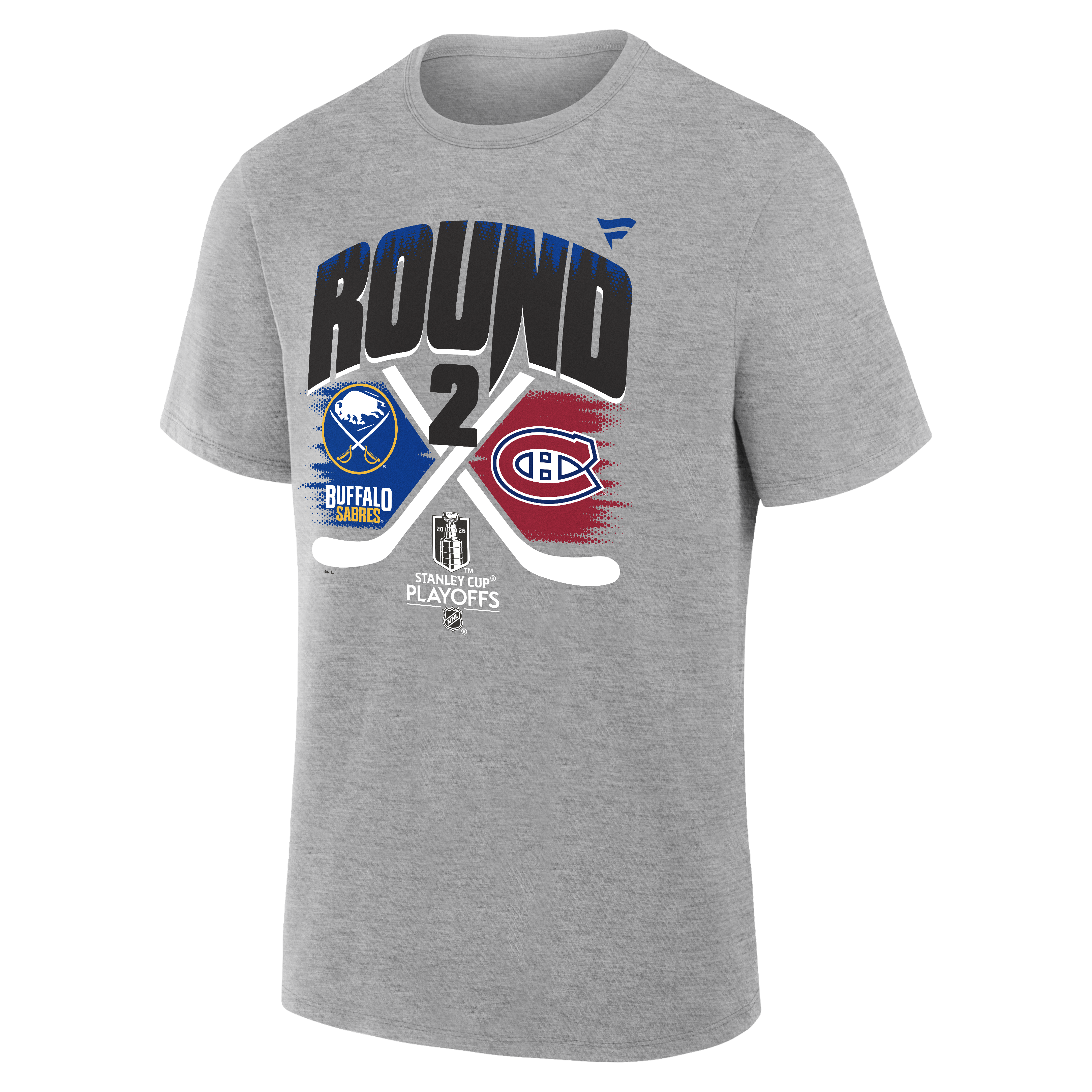 Gray t-shirt with sports team logos and text on a white background