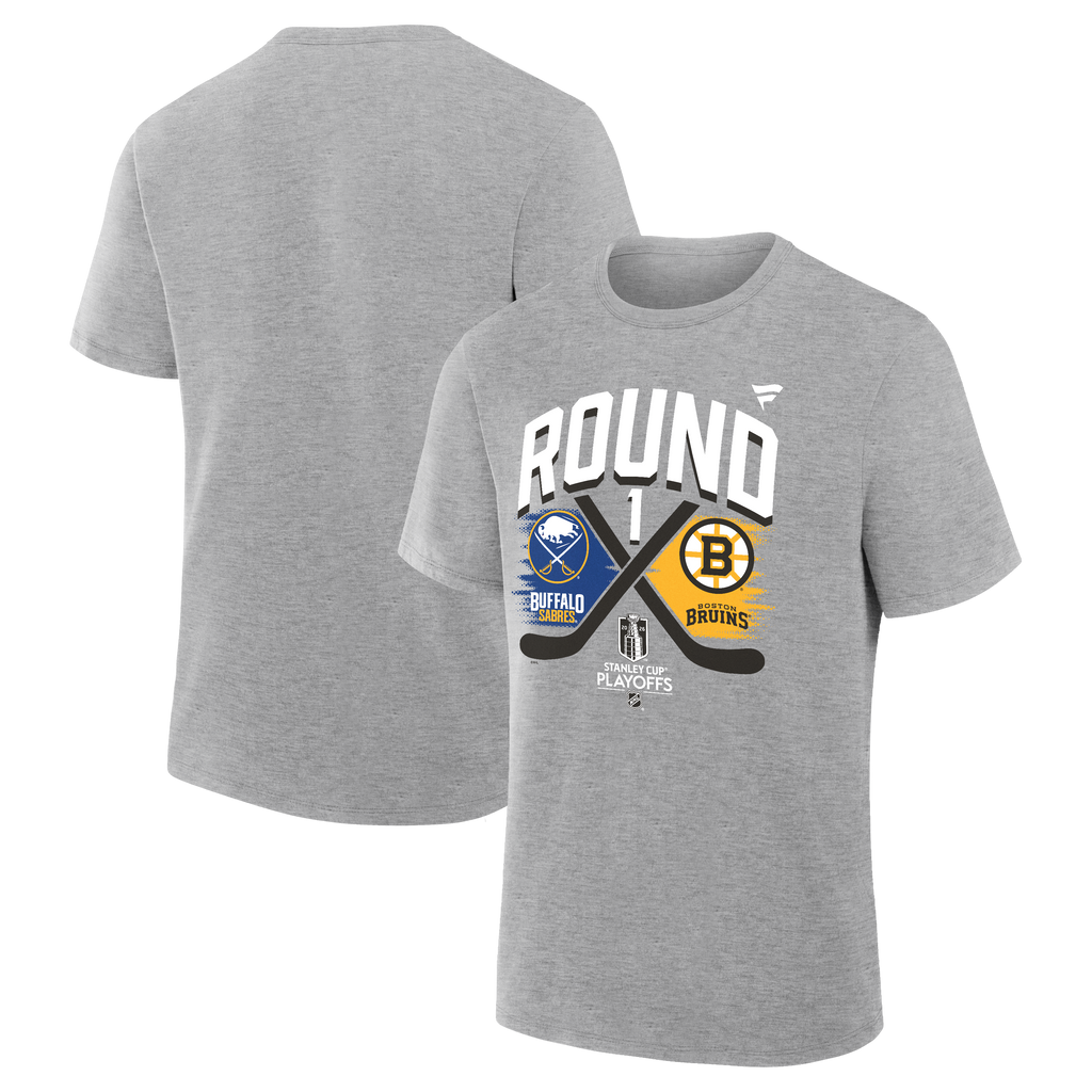 Gray t-shirt with sports team logos and text on a white background