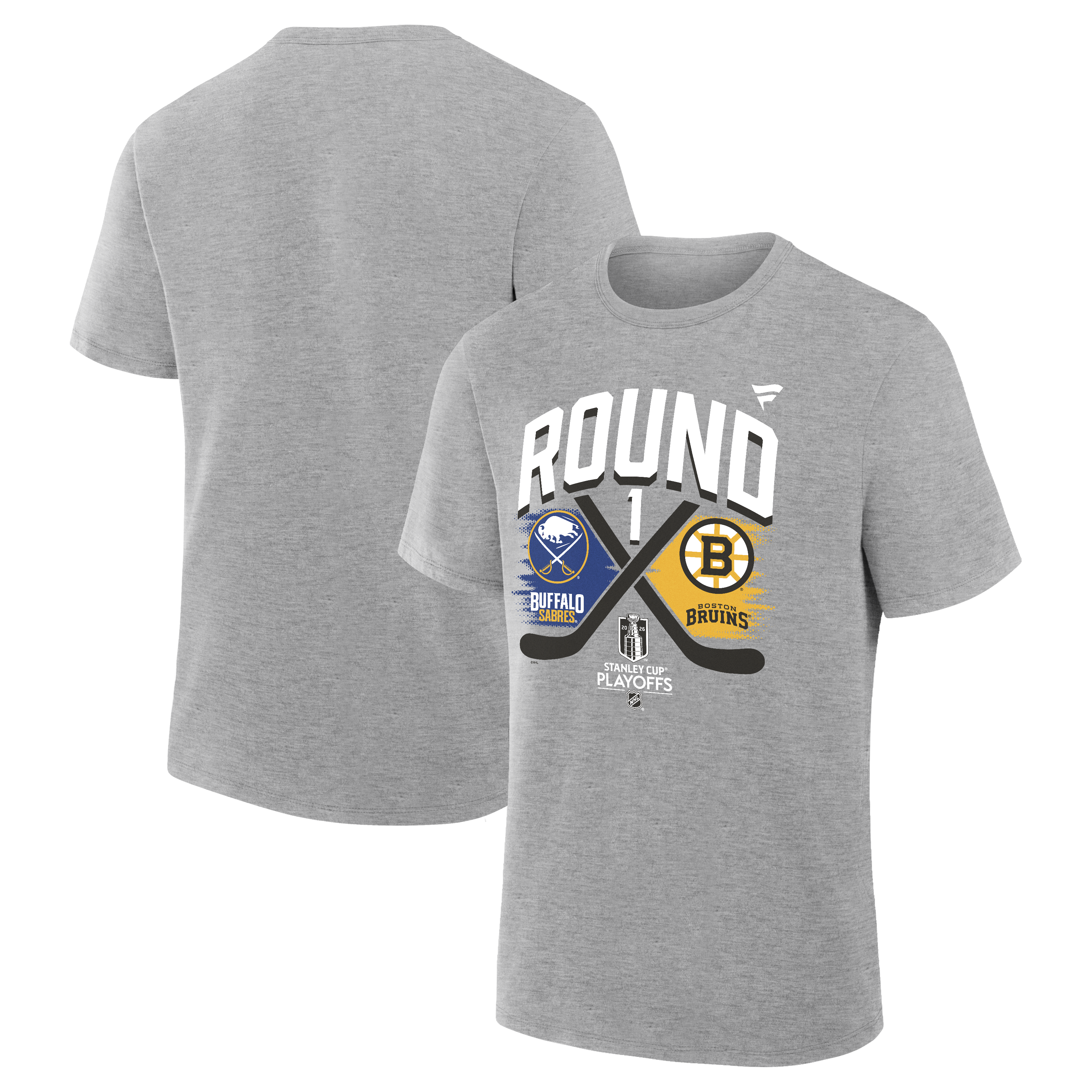 Gray t-shirt with sports team logos and text on a white background