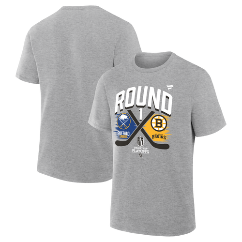 Gray t-shirt with sports team logos and text on a white background
