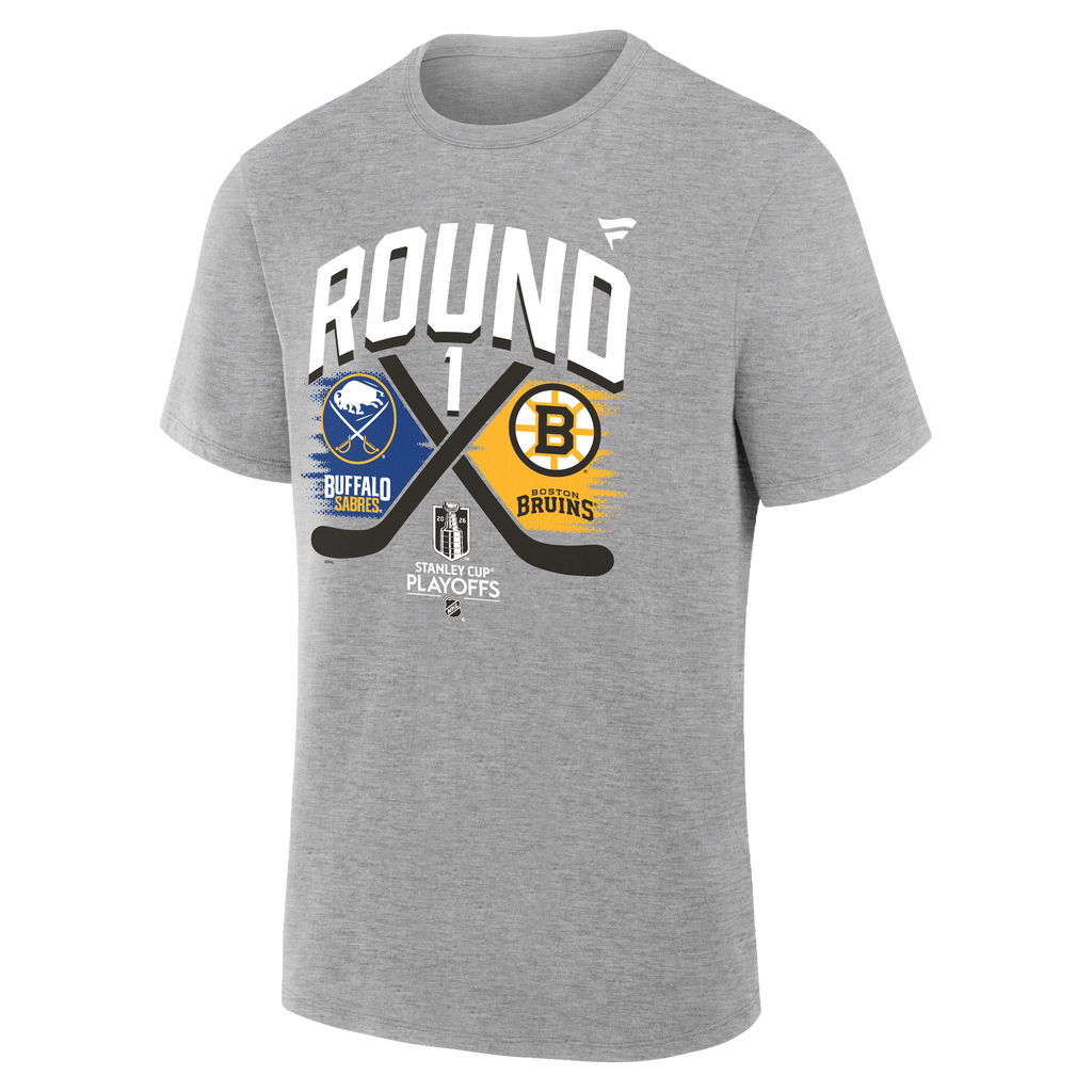 Grey T-Shirt featuring Buffalo Sabres and Boston Bruins logos on a white background