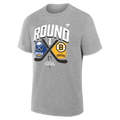 Grey T-Shirt featuring Buffalo Sabres and Boston Bruins logos on a white background