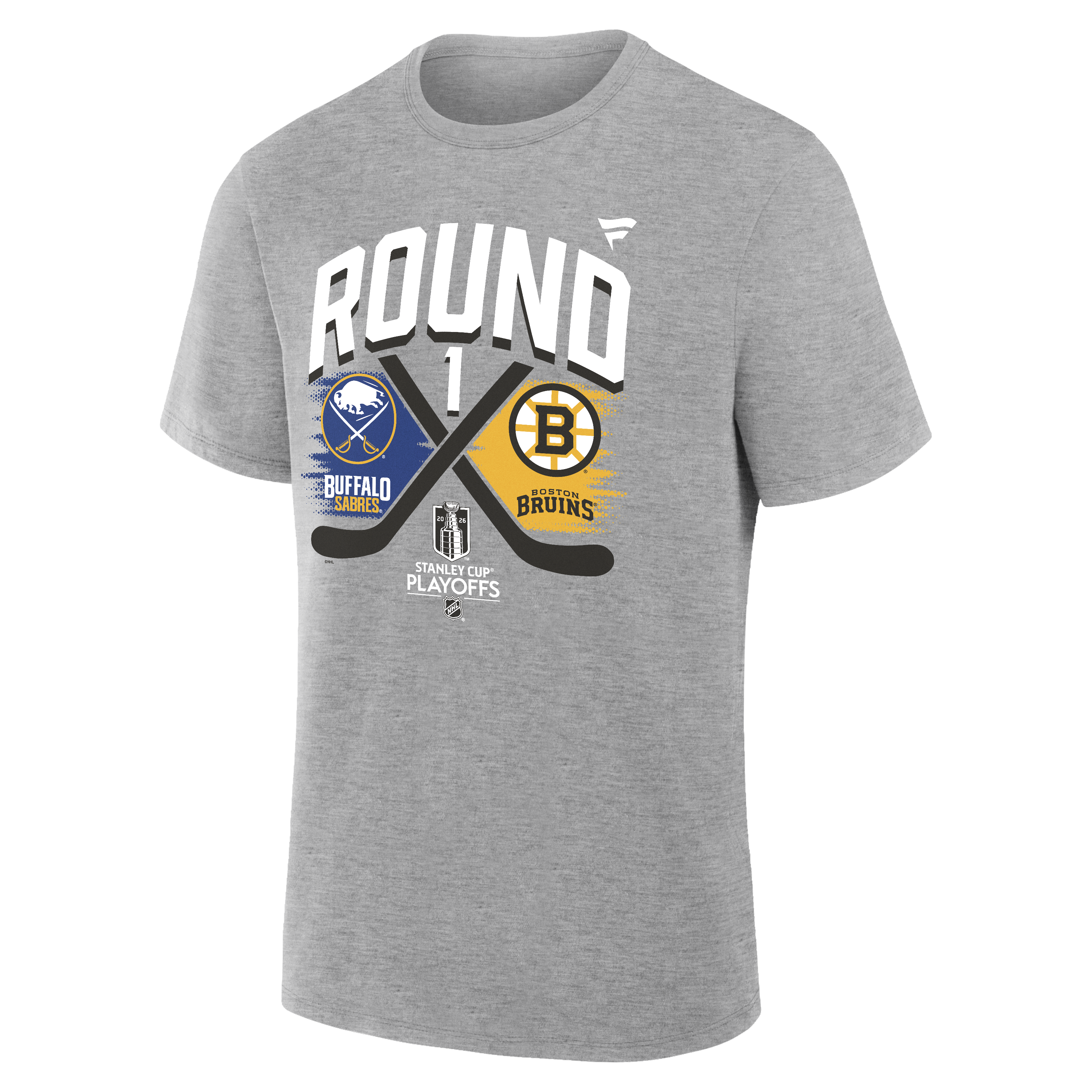 Grey T-Shirt featuring Buffalo Sabres and Boston Bruins logos on a white background