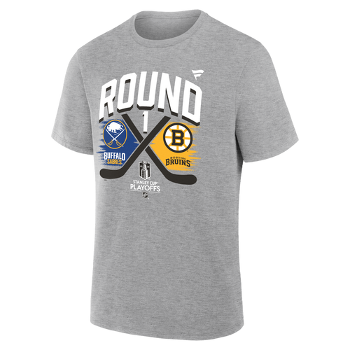 Grey T-Shirt featuring Buffalo Sabres and Boston Bruins logos on a white background
