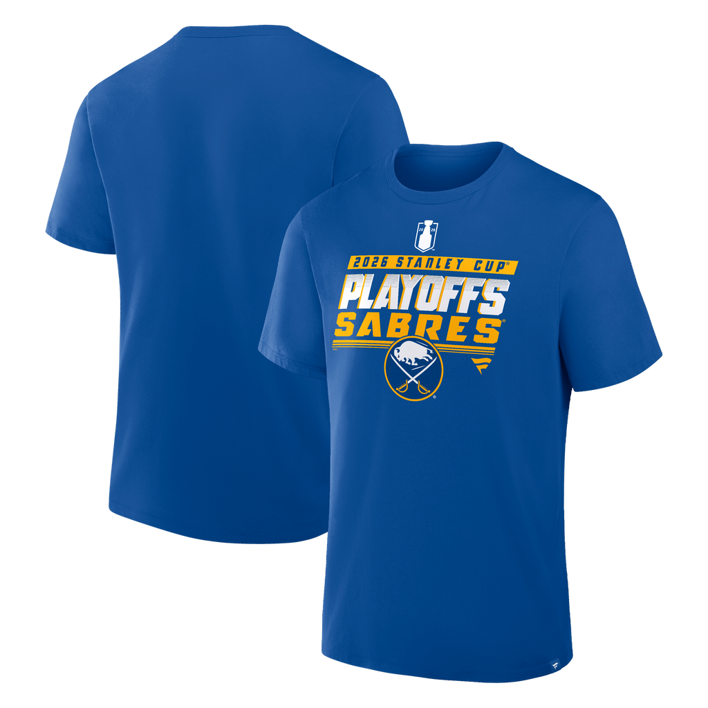 Blue t-shirt with '2026 Stanley Cup Playoffs Sabres' text and logo on a white background