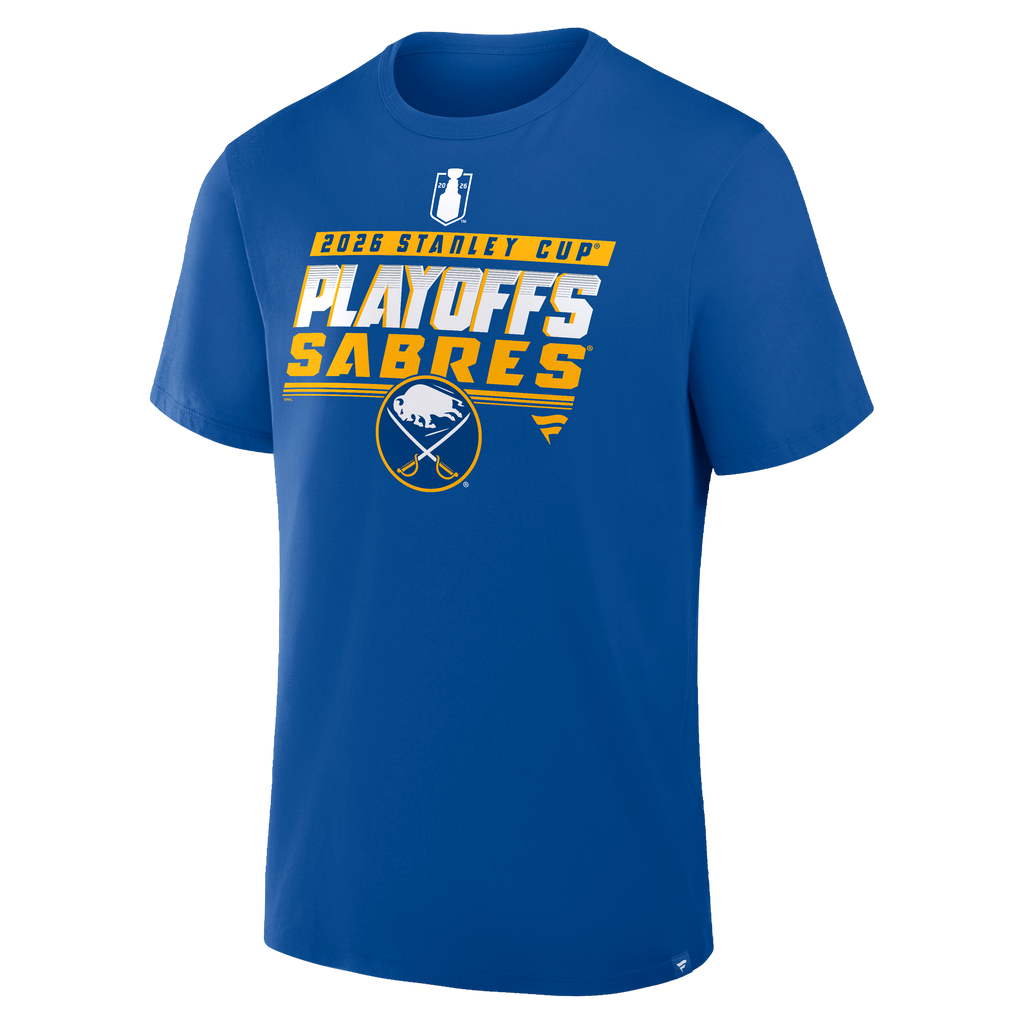 Blue t-shirt with '2026 Stanley Cup Playoffs Sabres' text and logo on a white background