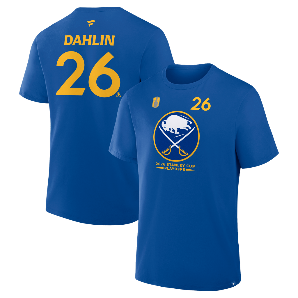 Blue t-shirt with yellow text and logo on a white background