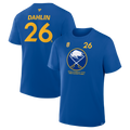 Blue t-shirt with yellow text and logo on a white background