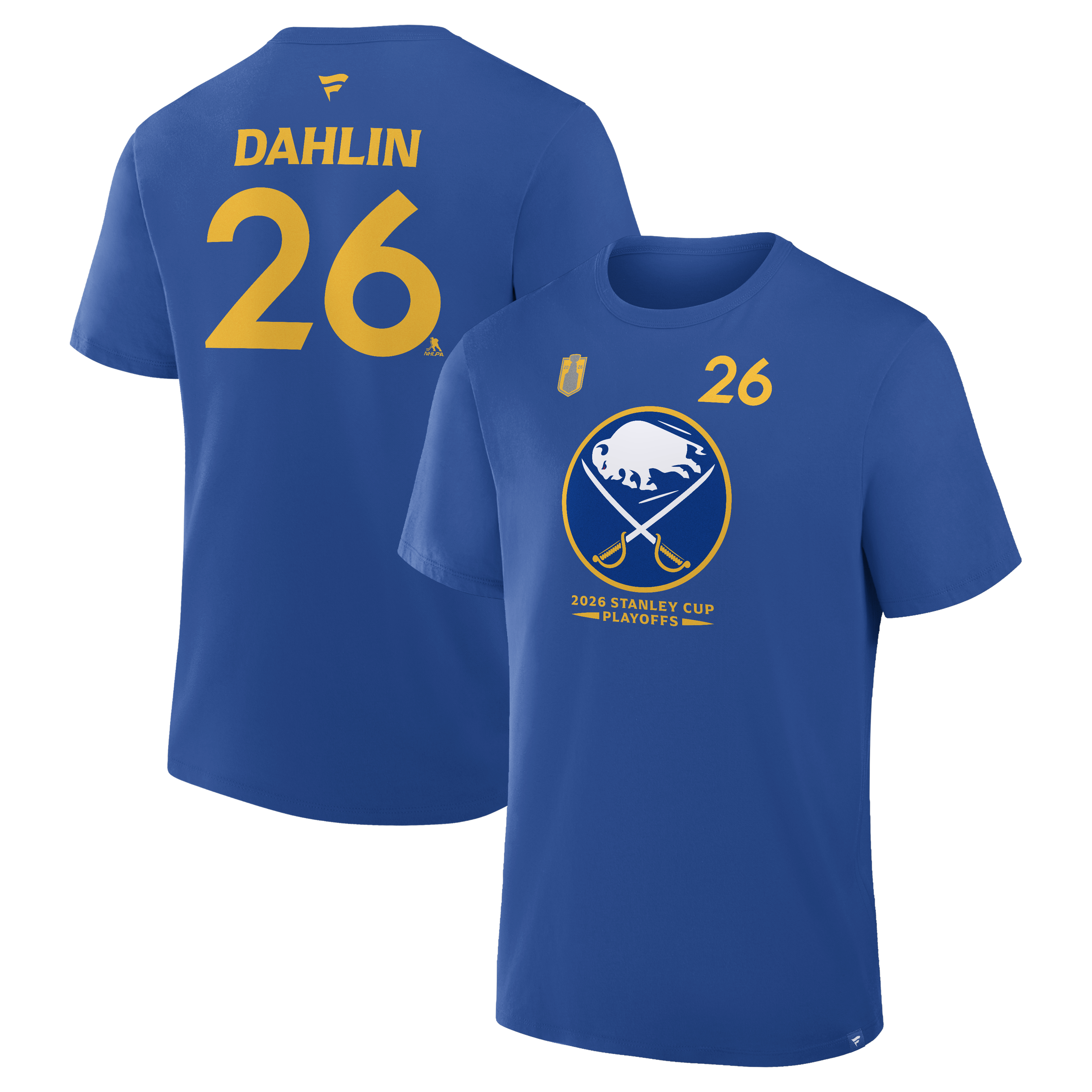 Blue t-shirt with yellow text and logo on a white background