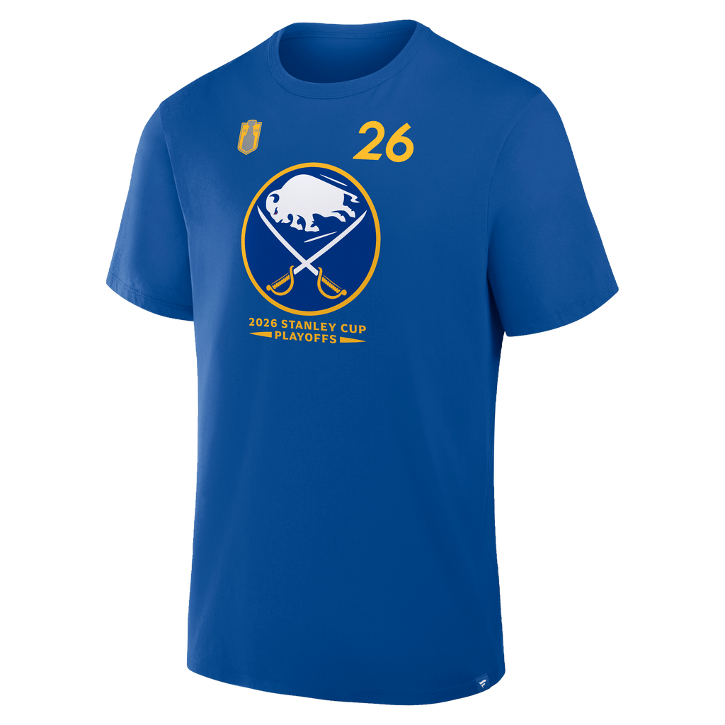 Blue t-shirt with sports team logo and number 26 on a white background